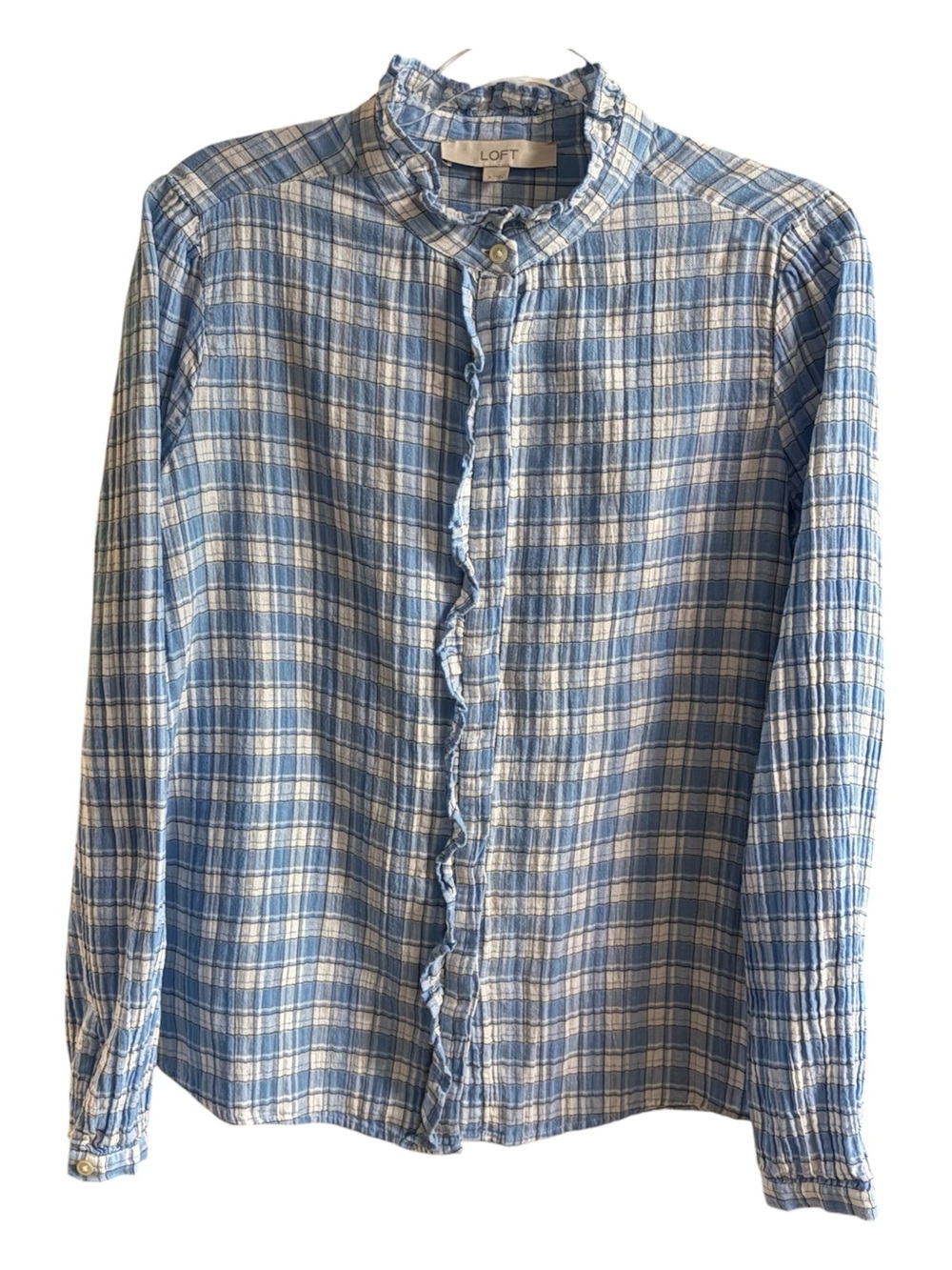 LOFT Plaid Ruffle Button Up Blouse - Picture 2 of 14